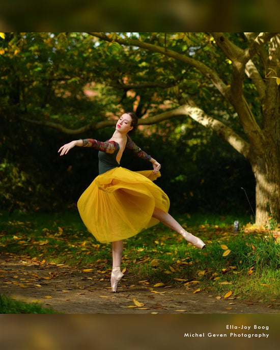 Load image into Gallery viewer, Professional dancewear for ballerinas. Long tulle tutu dance skirt, color ochre for ballerina. Stay en pointe dancers!
